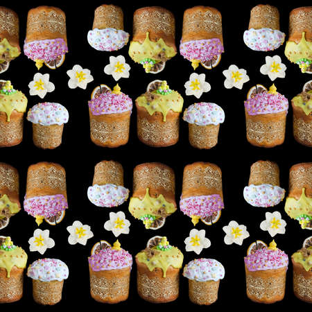 Seamless pattern with various Easter cakes decorated with icing and spring flowers on a black square background. The concept of Bright Easterの写真素材