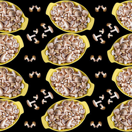 Raw fresh forest mushrooms in a brazier, on a black square background. Seamless patternの写真素材