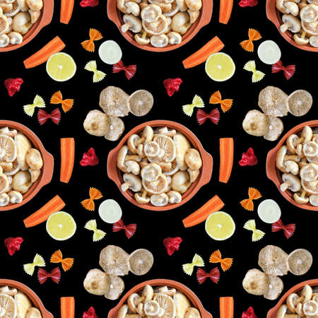 Seamless pattern with raw fresh mushrooms in a saucepan, pasta and vegetable ingredients for cooking on a black square backgroundの写真素材