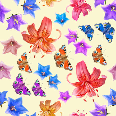 Seamless summer pattern of colorful butterflies and flowers highlighted on a beige square background. The concept of summerの写真素材