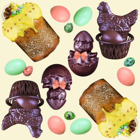 Seamless Easter pattern with cakes, chocolate chickens and painted eggs. Square framing