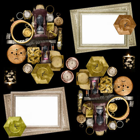 Seamless pattern of old watches and empty frames on a black backgroundの写真素材