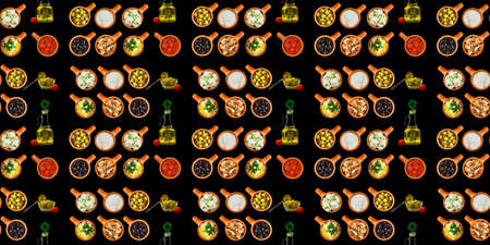 Seamless pattern with various snacks and ingredients in ceramic cups, on a black background.の写真素材