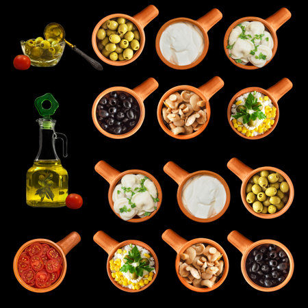 Various snacks and ingredients in ceramic cups on a black square backgroundの写真素材
