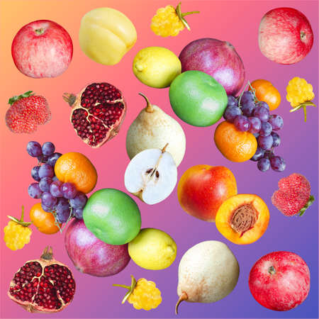 Various colorful fruits on a colored square gradient backgroundの写真素材