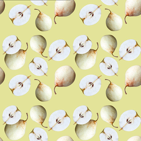 Seamless pattern with whole and half pears on a yellow-green square background