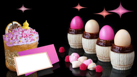 Easter painted eggs on stands, glazed cake, text frame and sweets in pink tones, on a black background with abstract stars. Easter Conceptの写真素材