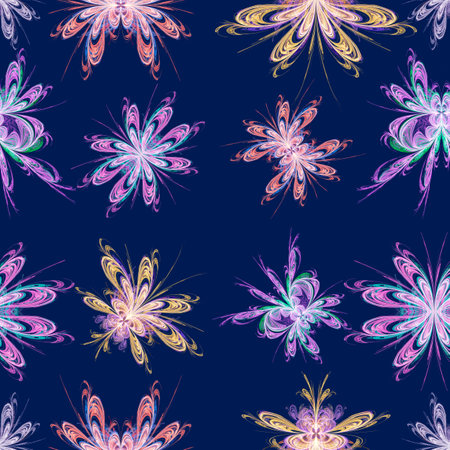 Seamless abstract pattern with colorful fractal butterflies on a blue backgroundの写真素材