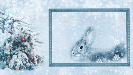 A rabbit outside the frame next to a snow-covered Christmas tree. Chinese New Year. The year of the...