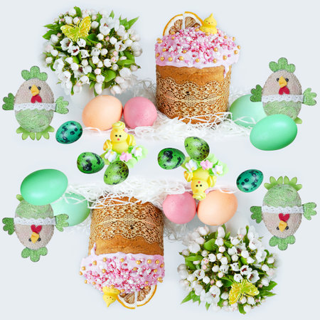 Easter seamless pattern with cakes, colorful eggs, toy chickens and bouquets on a light square backgroundの写真素材