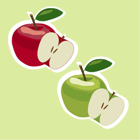 Set of fresh green and red apples with green leafs.のイラスト素材