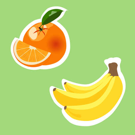 Orange fruit and bananas isolated on green.のイラスト素材