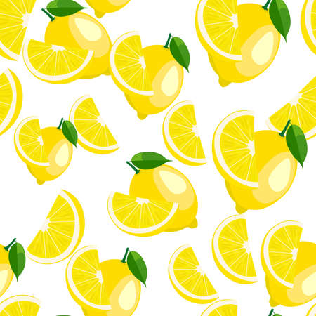 illustration seamless pattern yellow lemons with green leaves isolated on white background. Citrus fruit backgroundのイラスト素材
