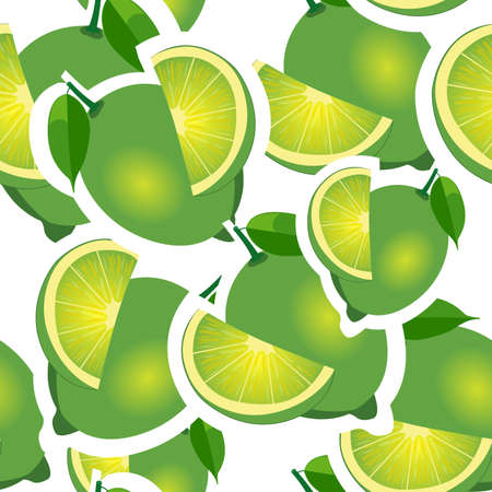 Lime different big sizes sticker white background. Pattern with lime and leaves and slices.のイラスト素材