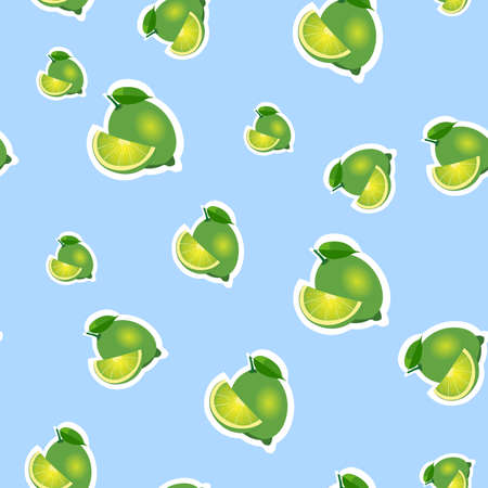 Small lime different sizes sticker blue background. Pattern with lime and leaves and slices.のイラスト素材