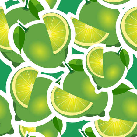 Lime different big sizes sticker green background. Pattern with lime and leaves and slices.のイラスト素材