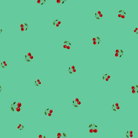Seamless pattern background, small cherry red different sizes ripe berrie. Turquoise background