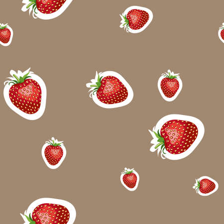 Seamless pattern of realistic image of delicious ripe strawberries different sizes. Brown backgroundのイラスト素材