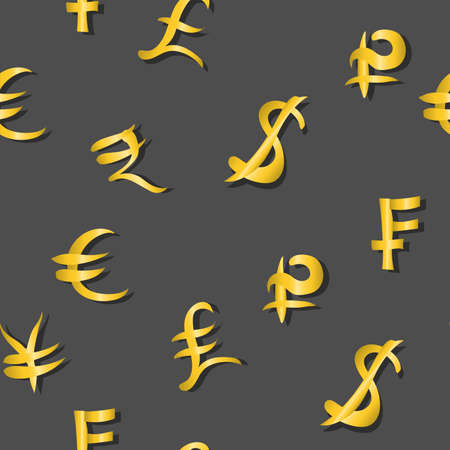 Seamless pattern of main money currency signs same sizes on gray. Vectorのイラスト素材