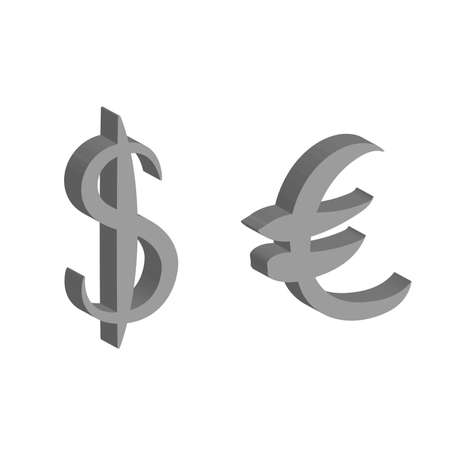Gray set of main currency signs. Volume signs of dollar and euro on whire background with shadow. Vectorのイラスト素材