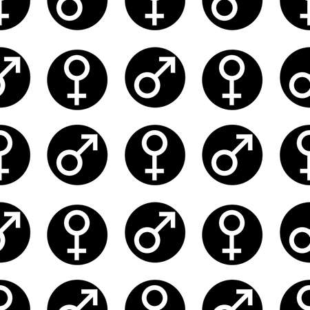 Seamless pattern. Sex symbols. Gender woman and man flat symbols. White Female and Male abstract symbols in black circle. Vectorのイラスト素材