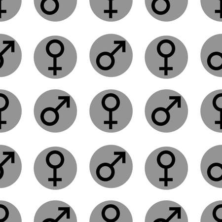 Seamless pattern. Sex symbols. Gender woman and man flat symbols. Black Female and Male abstract symbols in gray circle. Vectorのイラスト素材