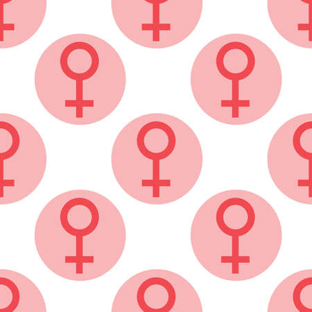 Seamless pattern. Sex symbols. Gender woman flat symbols. Red Female abstract symbols in pink circle. Vectorのイラスト素材