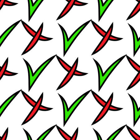 Seamless pattern of check mark icons simple on white background. Red cross and green tick with black stroke. Vectorのイラスト素材