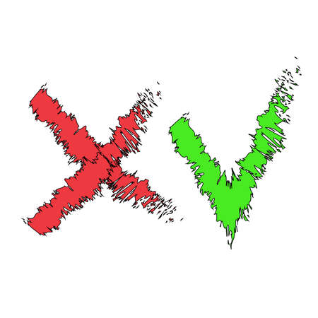 Stylized check mark icons. Red and green color black stroke. Vectorのイラスト素材