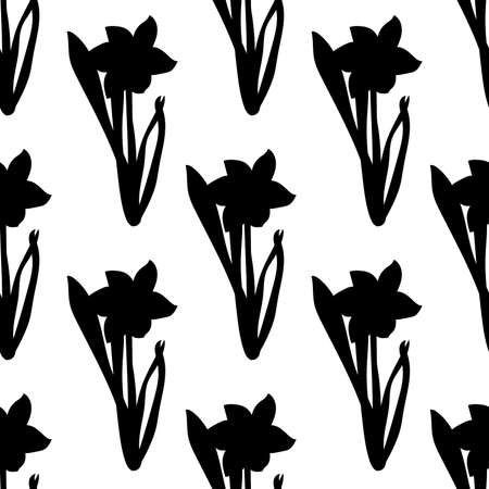 Seamless pattern. Grass with black narcissus flowers same sizes isolated on white. Vectorのイラスト素材