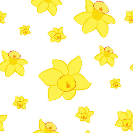Seamless pattern. Yellow narcissus flowers different sizes isolated on white. Vectorのイラスト素材
