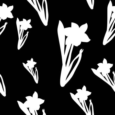 Seamless pattern. Grass with white narcissus flowers different sizes isolated on black background. Vectorのイラスト素材