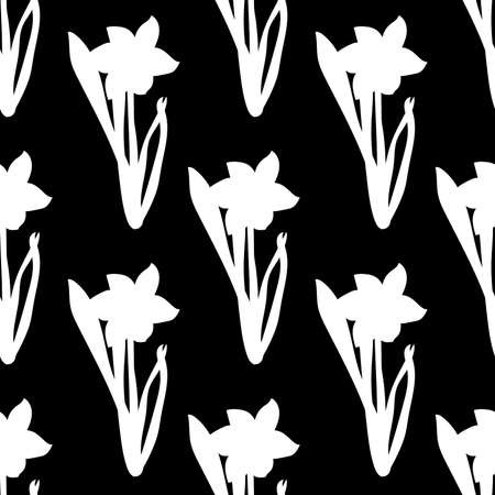 Seamless pattern. Grass with white narcissus flowers same sizes isolated on black background. Vectorのイラスト素材
