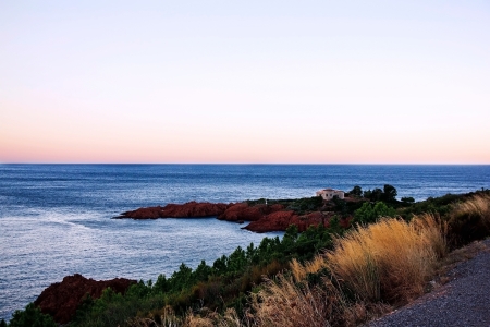 Mediterranean Sea and Red Rocks at Esterel massif, South of Franceの写真素材