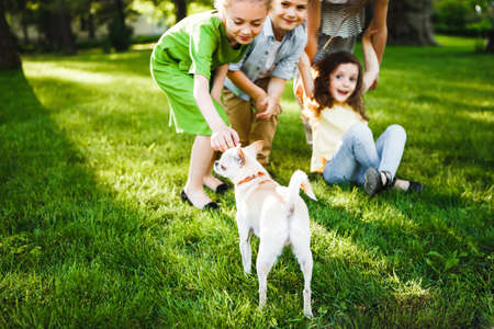 Little boys and girls sitting on grass and embracingの写真素材