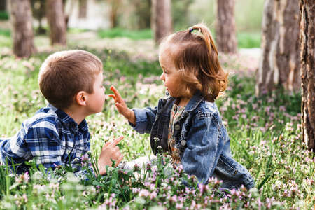 A boy and a girl are resting on the green grass in summerの写真素材