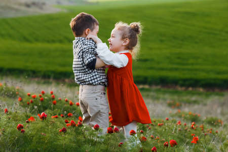 Little children are walking in a field with red flowers.の写真素材