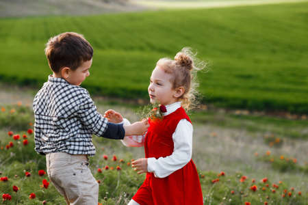 A little boy giving flowers to a girl. The concept of loveの写真素材