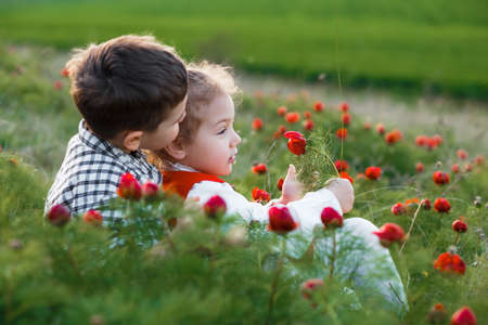 Ð¡ute boy and girl on summer field.の写真素材