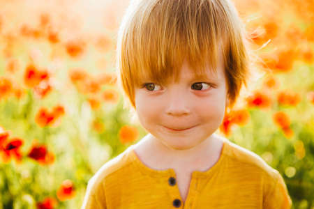 A small red-haired boy on a background of a poppy field.の写真素材