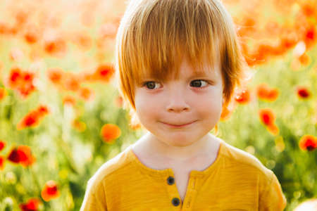 A small red-haired boy on a background of a poppy field.の写真素材