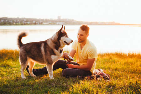 A young man is sitting on the grass with a hussy breed dog.の写真素材