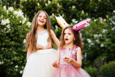 The sisters play princesses.の写真素材
