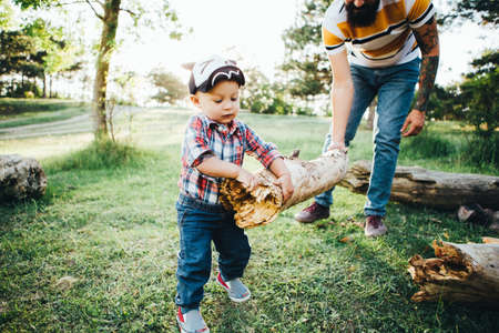 Father and son collect firewood in the forest for a fire. Fathers Day.の写真素材
