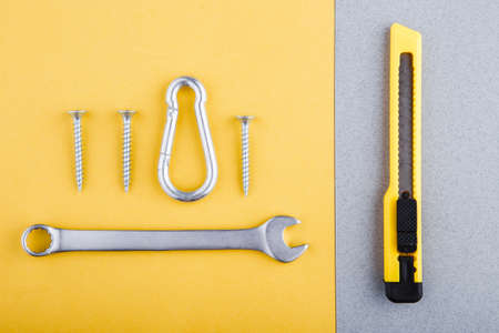 Bright layout of tools for men's work. The concept of the father's day. The top view.の写真素材