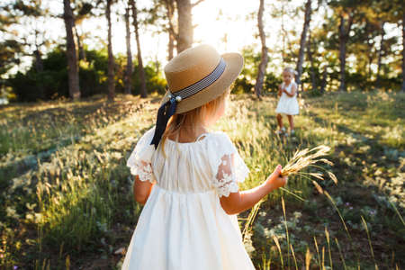 Children in white clothes and straw hats walk in the warm autumn forest.の写真素材