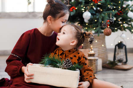 Merry Christmas and Happy Holidays! Cheerful cute childrens girls opening gifts. Kids having fun near tree in the morning.の写真素材