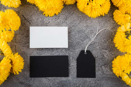 Preparation for creation of a corporate style. Business card and Blank Tag. Flower design, bright yellow color. Mockup.の写真素材