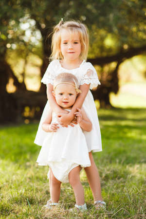Two happy little sisters love and hug in beautiful park. Adorable child walk and laugh on green meadowの写真素材