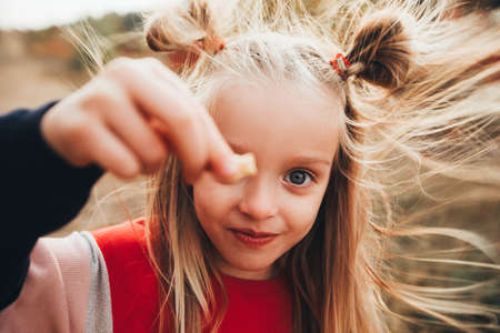 Blonde mother and her twin daughters are walking in the autumn forest among red trees.の写真素材